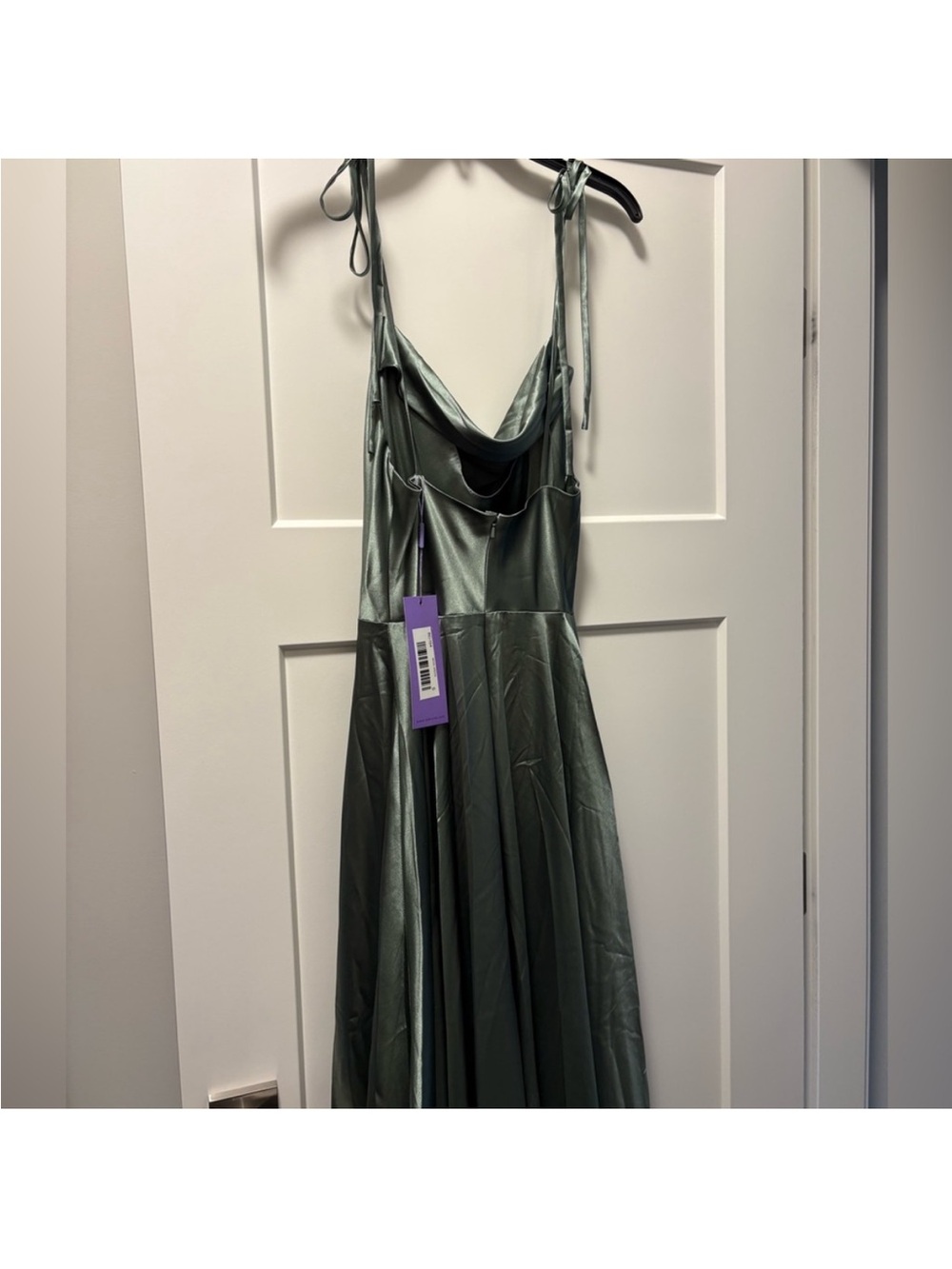 Moira Khaki | Cowl Neck Satin Maxi Dress with High Slit - Picture 9 of 10